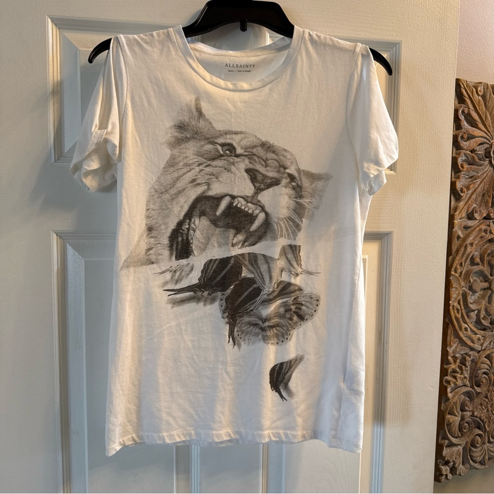 AllSaints Women’s White Lioness Butterfly T-shirt With Shoulder Slits Size Small